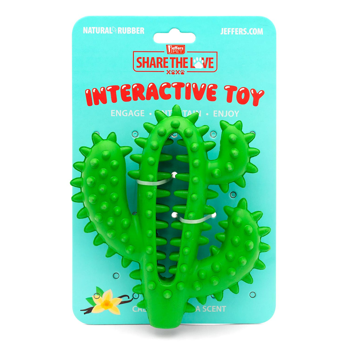 Green cactus-shaped interactive dental chew toy on blister card