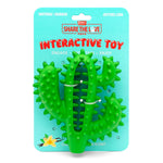 Green cactus-shaped interactive dental chew toy on blister card