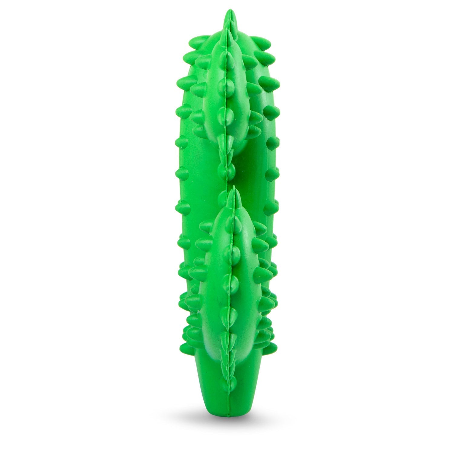Green cactus-shaped dental chew toy with spiked nubs and ridges