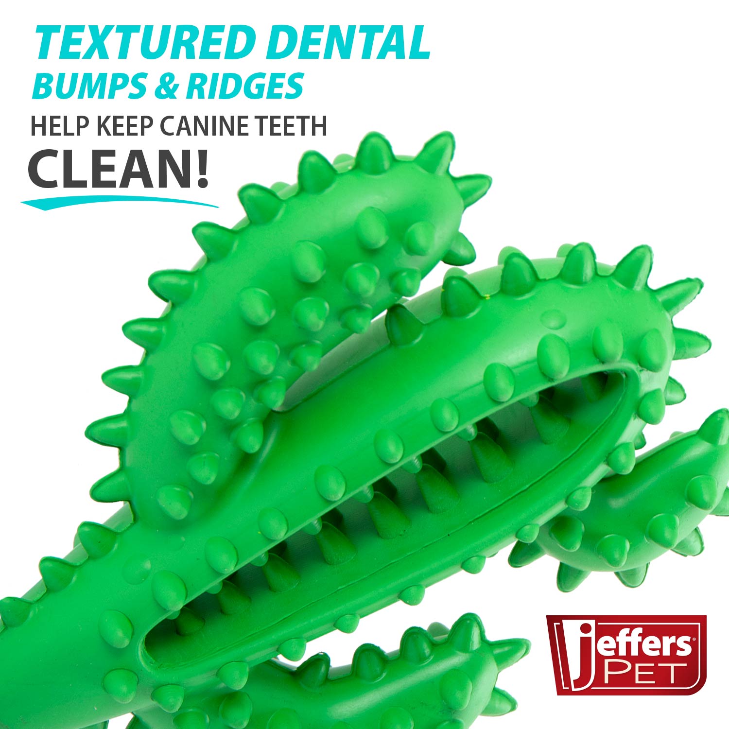 Green cactus dental chew toy with textured bumps and ridges