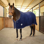 Horse fleece cooler blanket, navy with white piping, front strap and logo patch