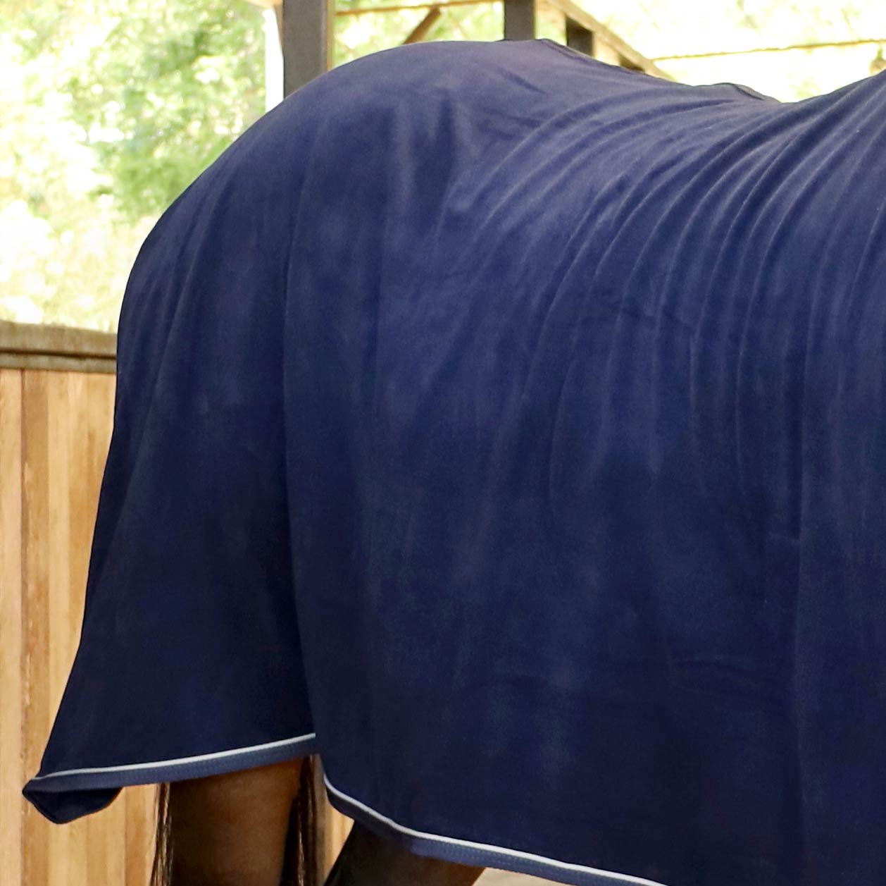 Horse fleece cooler blanket, navy with smooth back panel and white edge trim