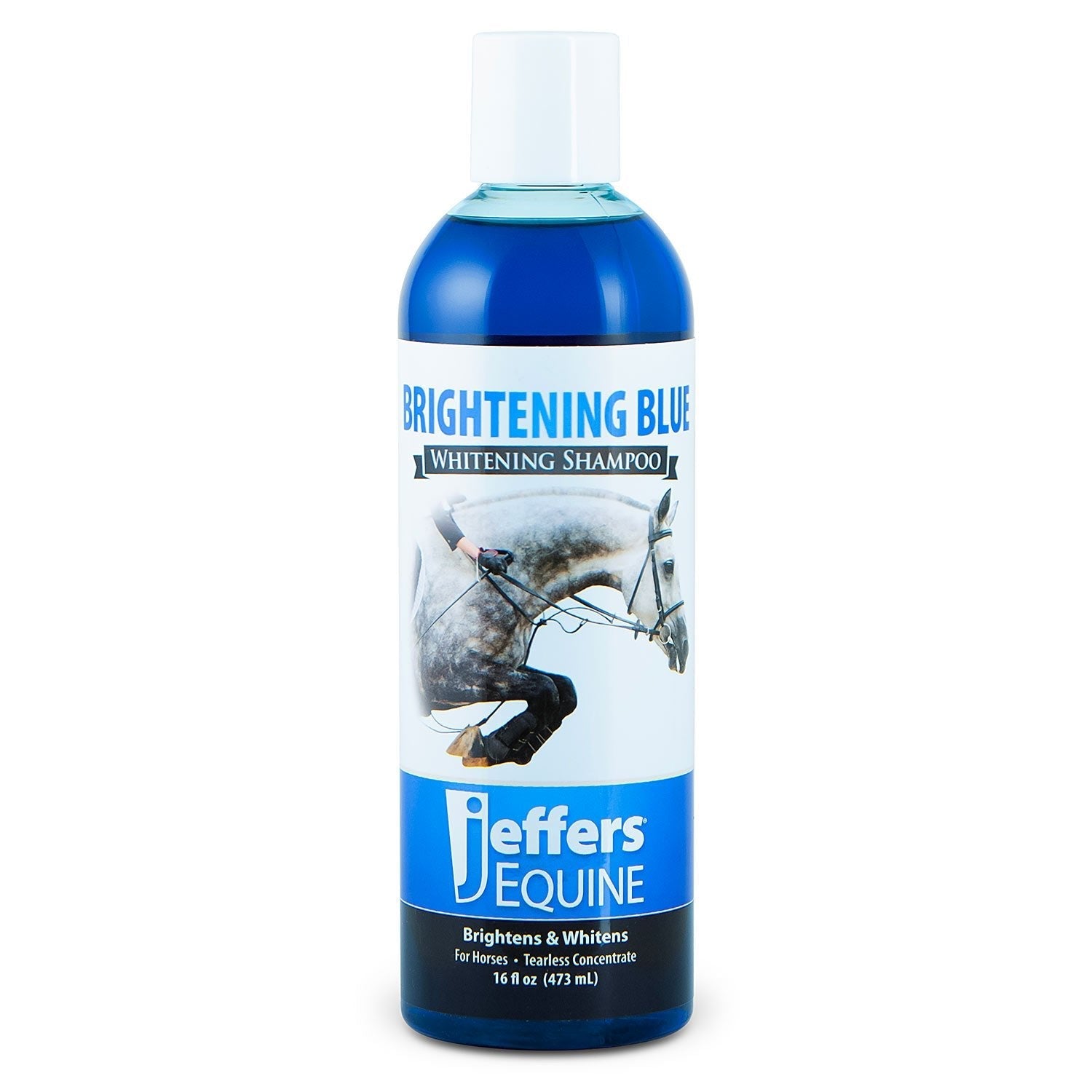 Horse whitening shampoo bottle front view with blue cap and Brightening Blue label
