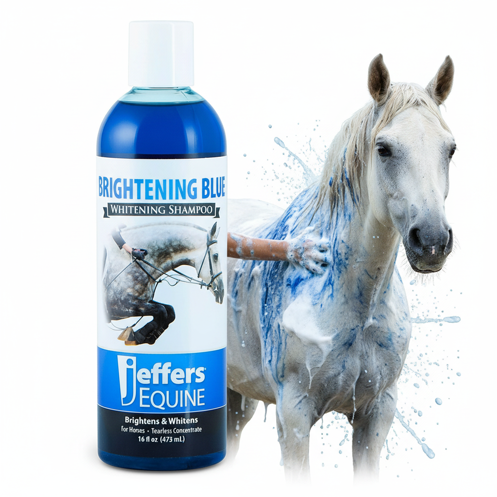 Horse whitening shampoo bottle, blue cap, blue-and-white Brightening Blue label