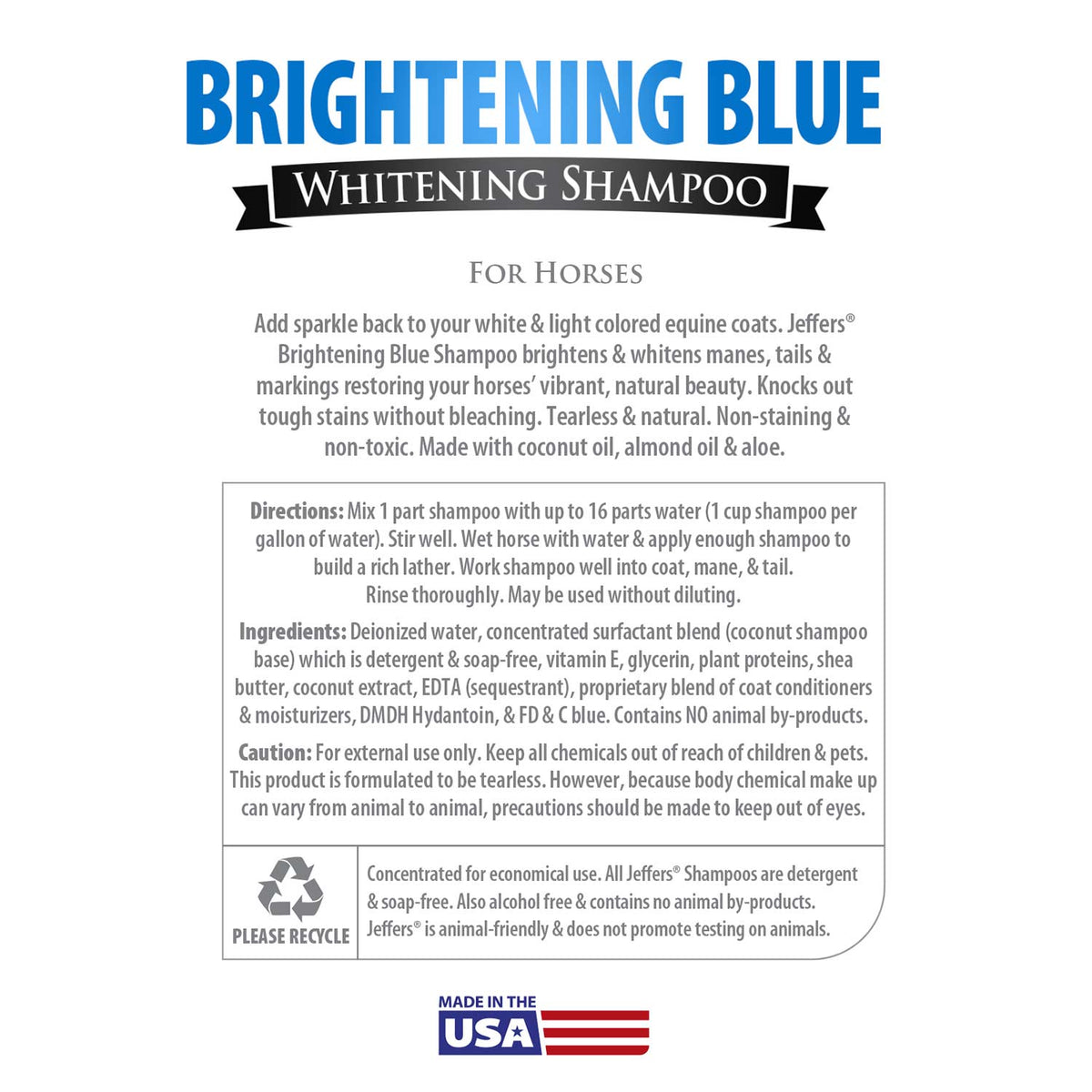 Brightening Blue whitening shampoo label panel with directions and ingredients for horses
