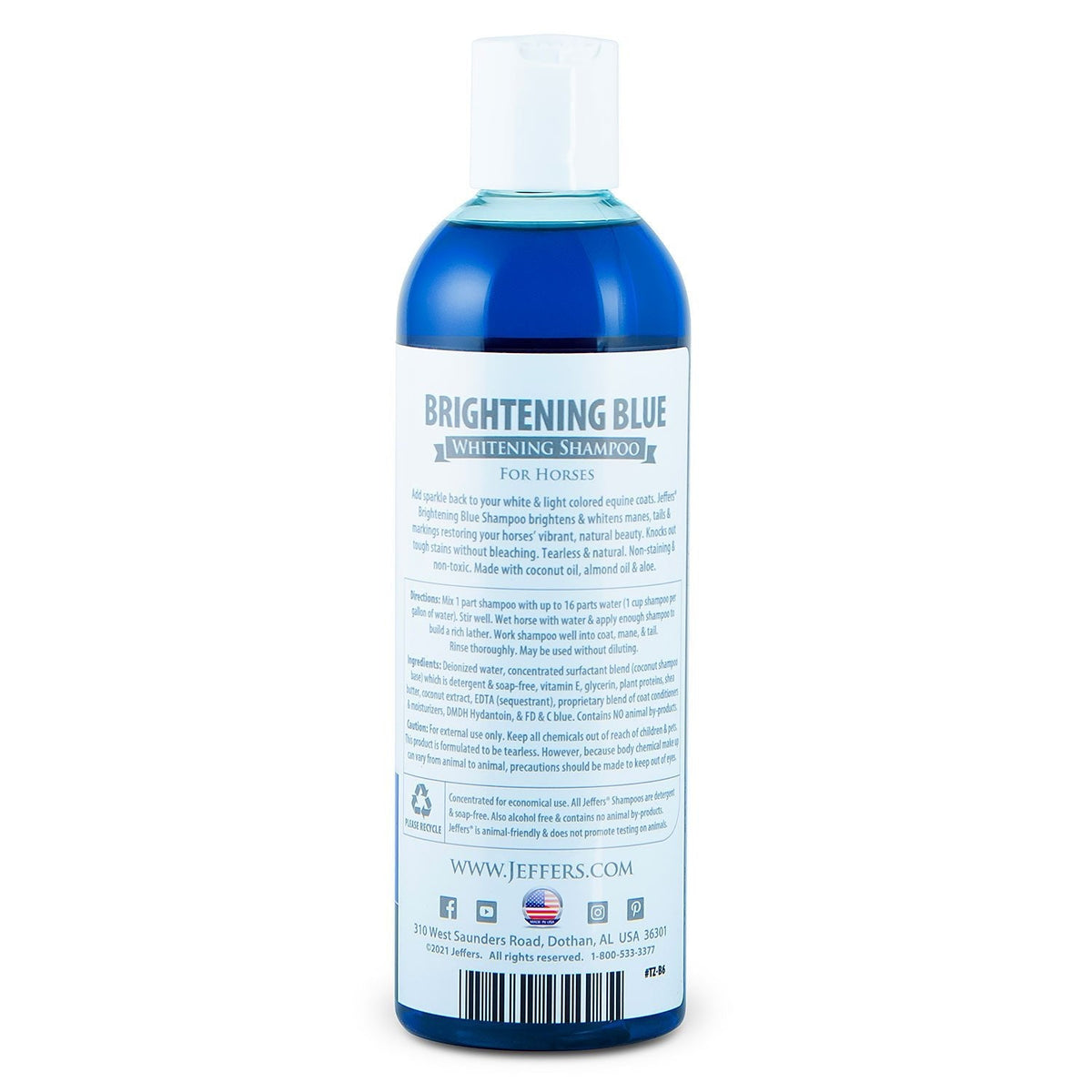 Horse whitening shampoo bottle back label with ingredient text on white and blue