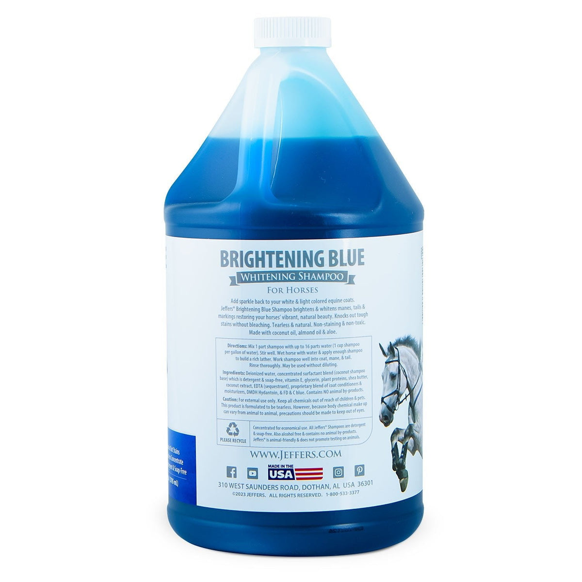 Brightening blue whitening horse shampoo bottle back label, blue-and-white packaging