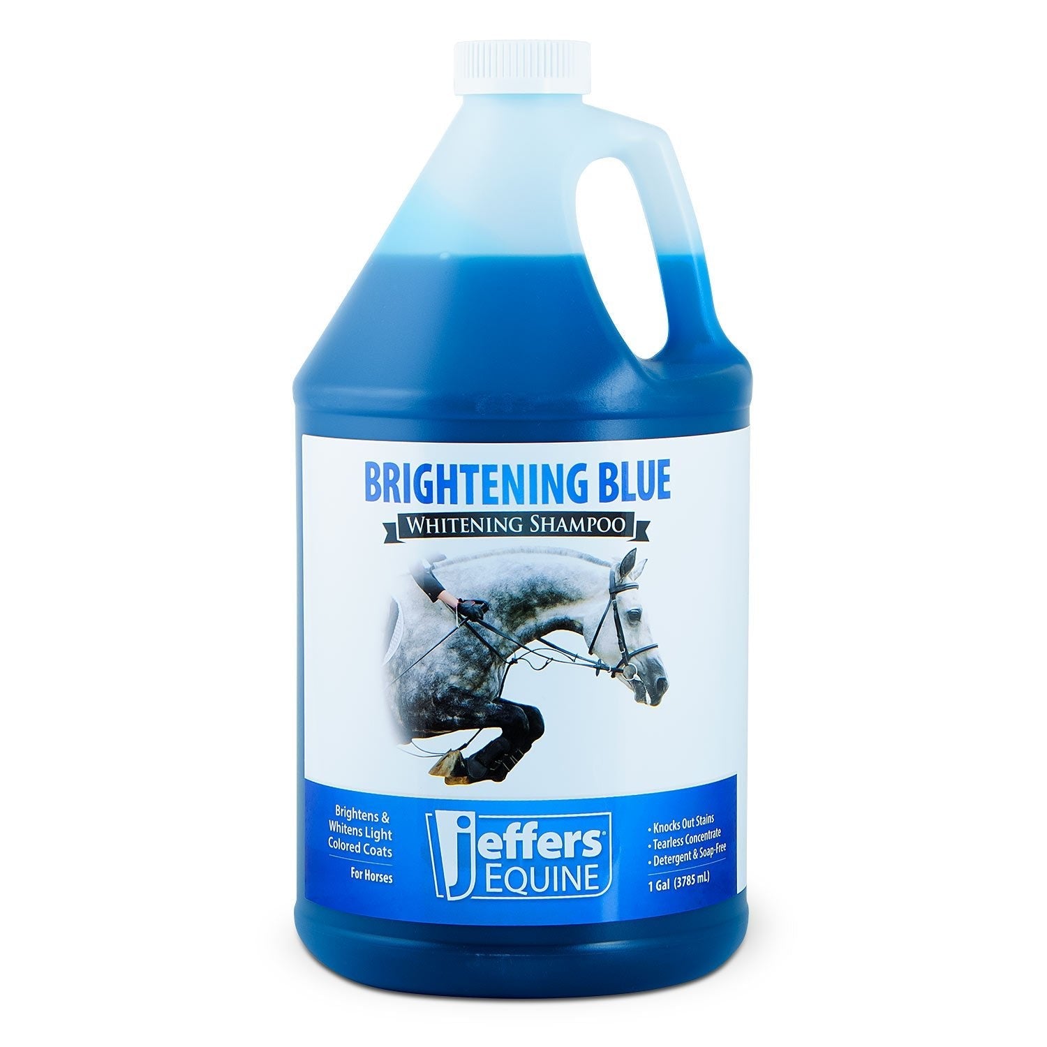 Brightening blue whitening horse shampoo bottle, blue cap and blue-and-white label