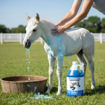 Blue-cap whitening horse shampoo bottle on grass beside a white horse being groomed
