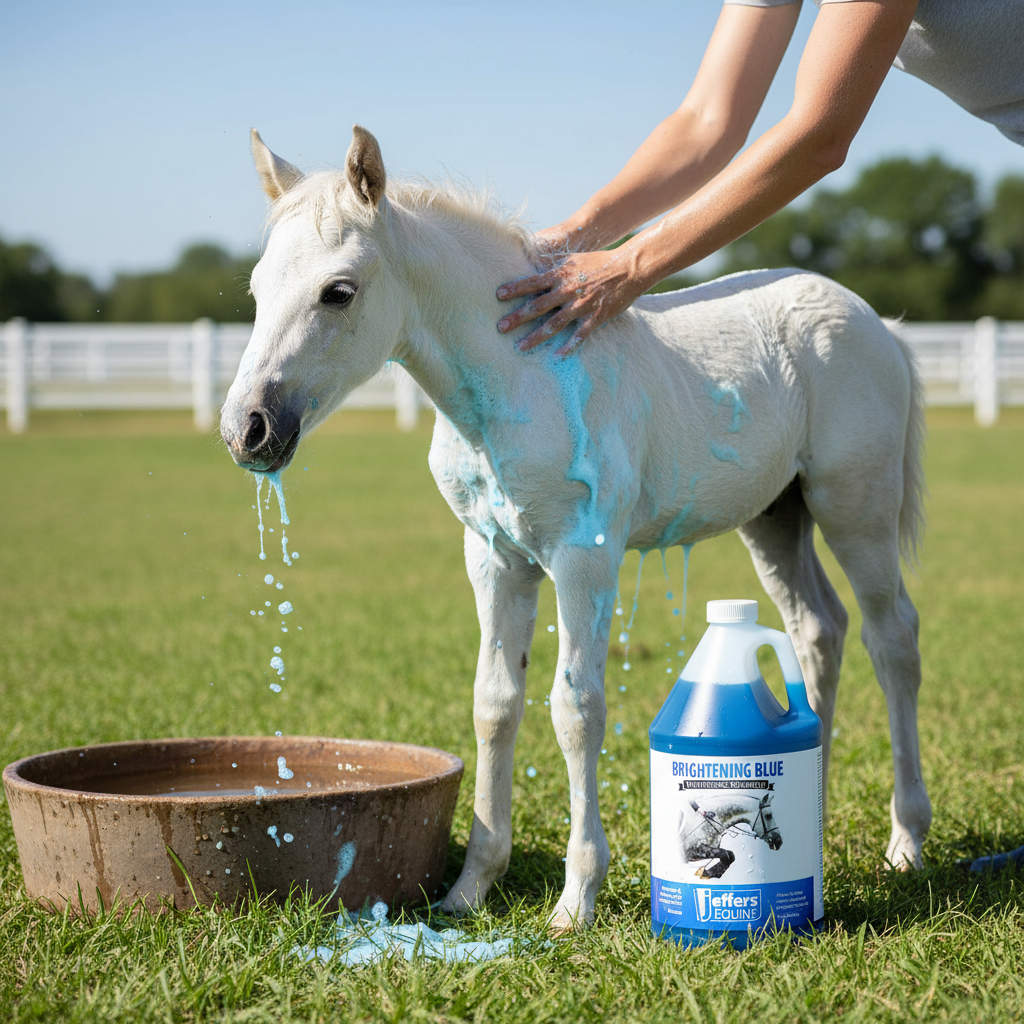 Blue-cap whitening horse shampoo bottle on grass beside a white horse being groomed