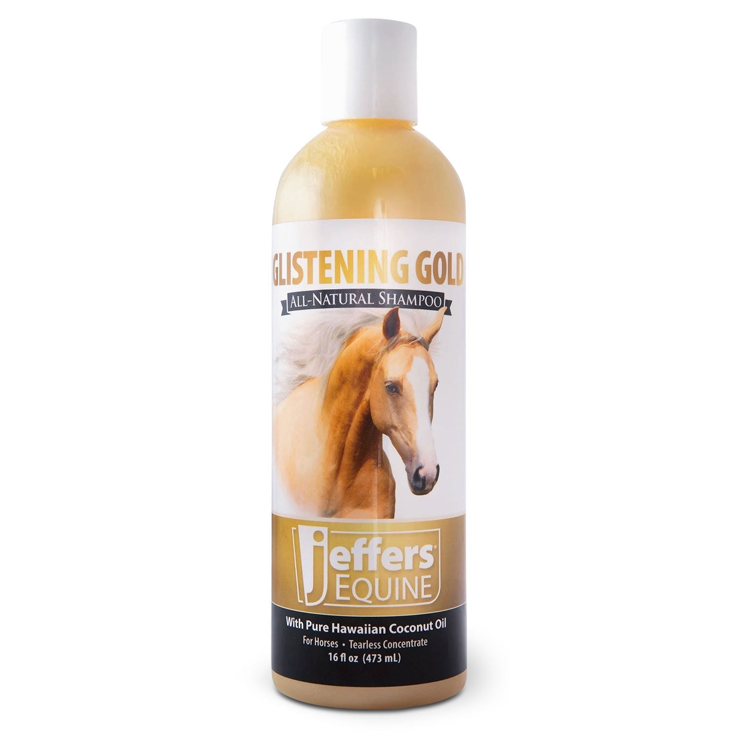 Horse shampoo bottle, glistening gold, with Hawaiian coconut oil, 16 fl oz