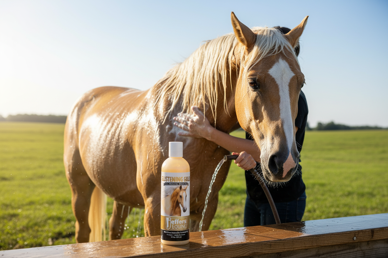 Horse being shampooed outdoors; small horse shampoo bottle on a wooden table