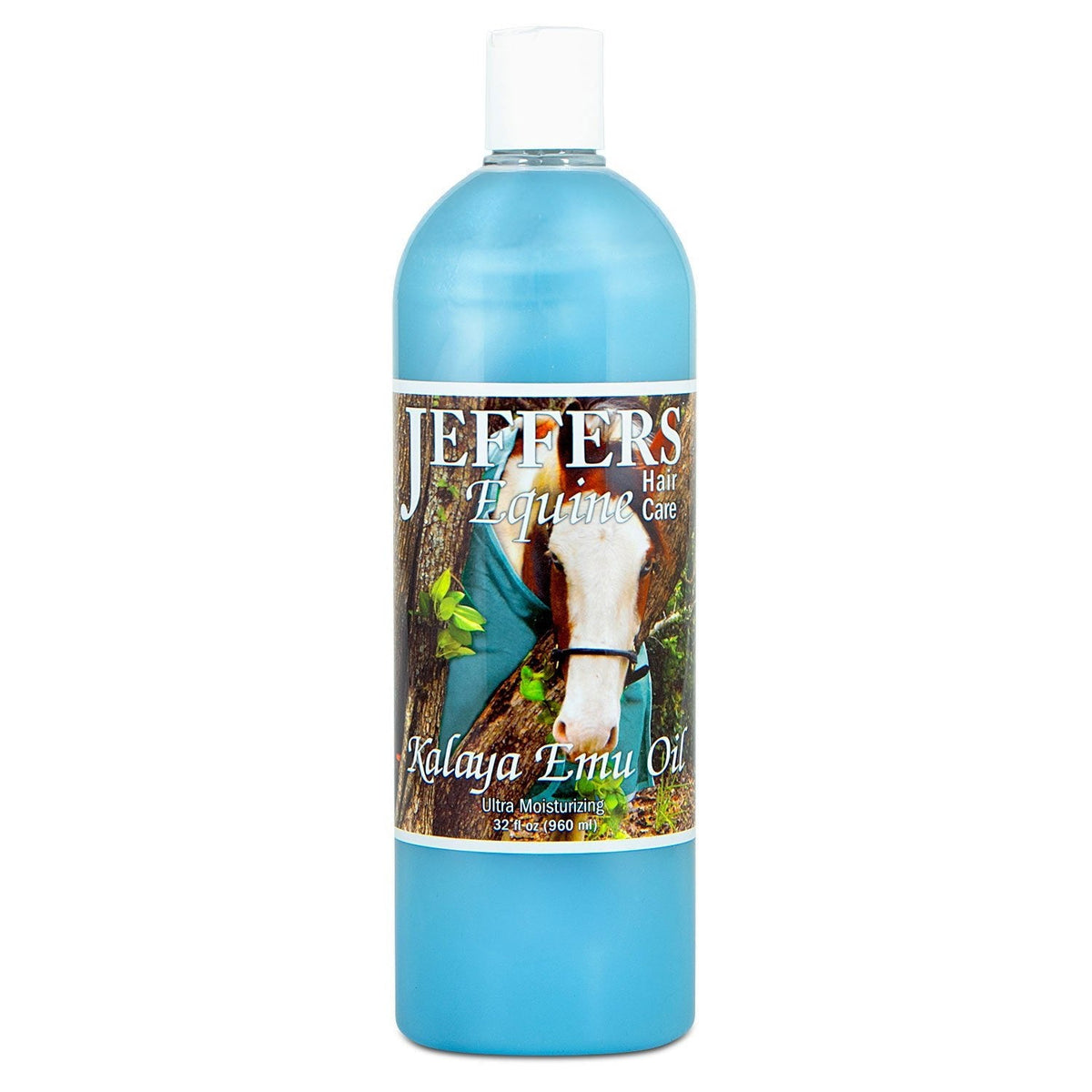 Jeffers Kalaya Emu Oil horse shampoo bottle, blue liquid, white cap