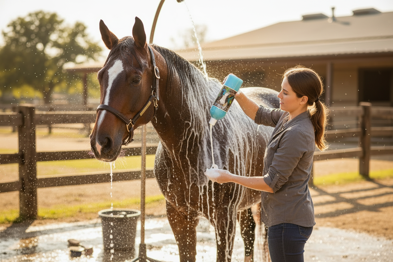 Equine shampoo bottle dispensing spray onto a horse during bathing