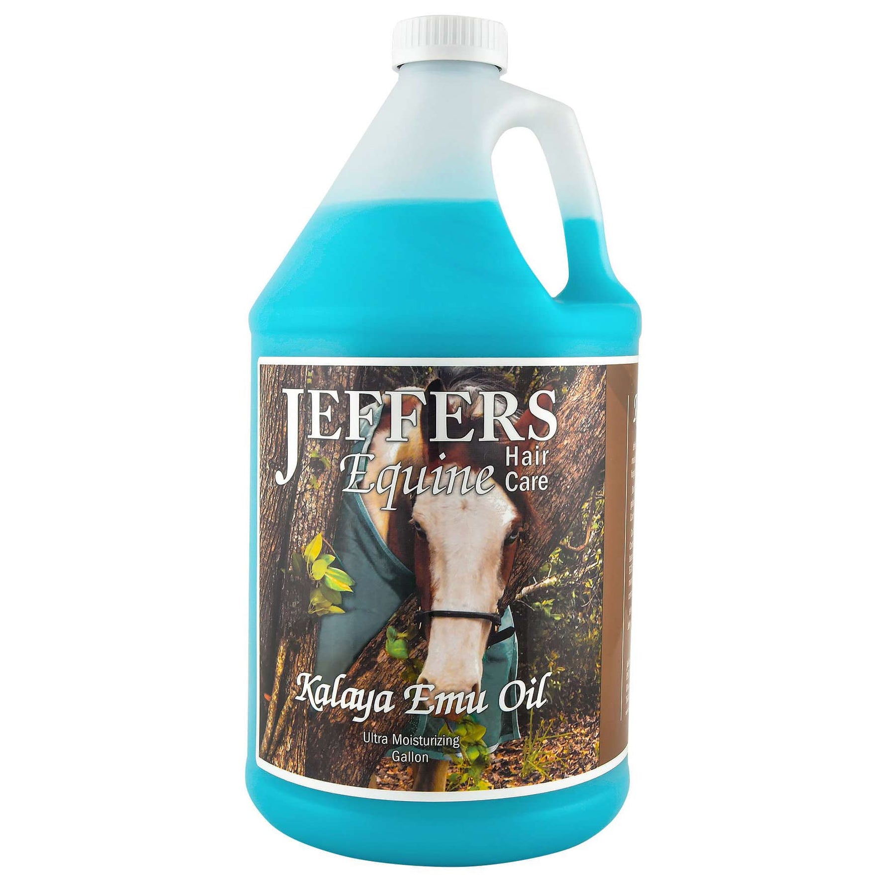 Jeffers Kalaya Emu Oil horse shampoo jug, blue bottle, white screw cap