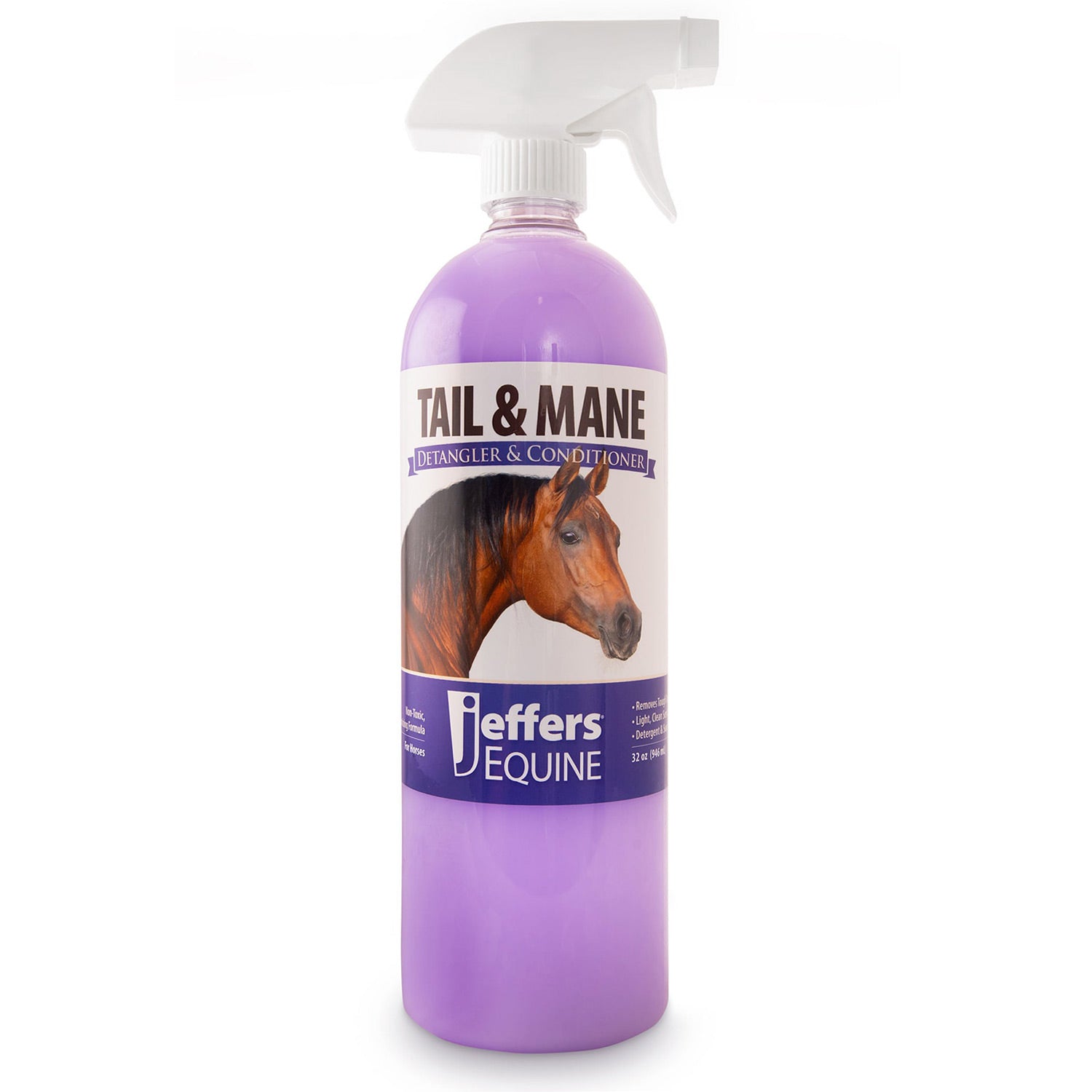 Horse tail and mane detangler conditioner bottle with purple liquid and spray nozzle