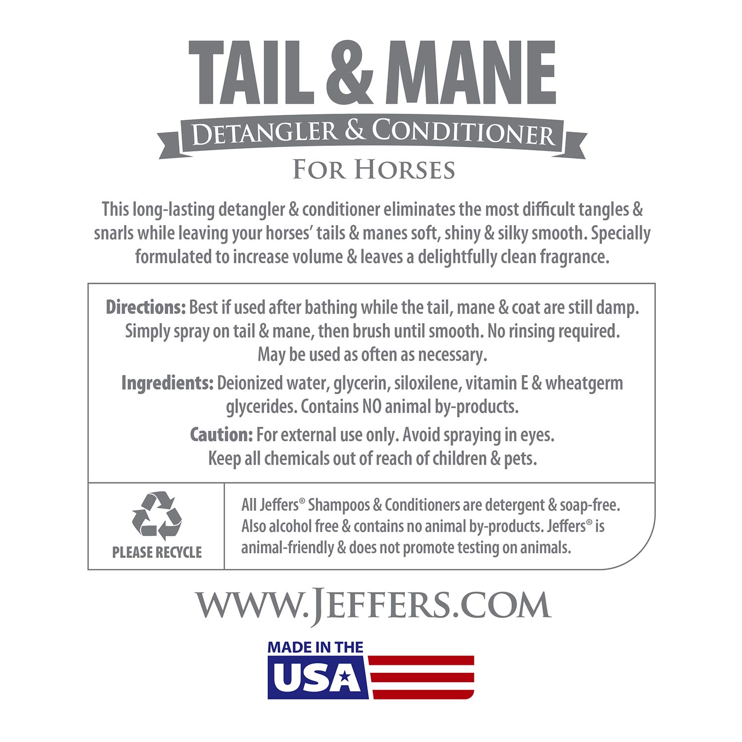 Horse tail and mane detangler conditioner back label with directions and ingredients