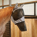 Horse fly mask with ears and nose, black mesh with black-and-white checker accents