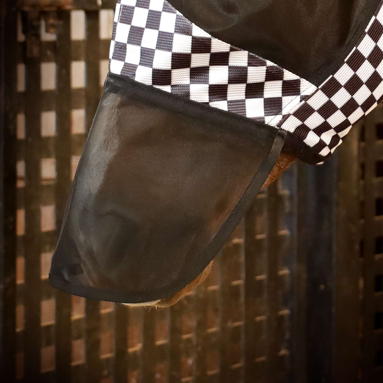 Horse fly mask nose and cheek panel with black mesh and black-and-white checker trim