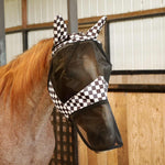 Horse fly mask with ears and nose, black mesh with black-and-white check trim