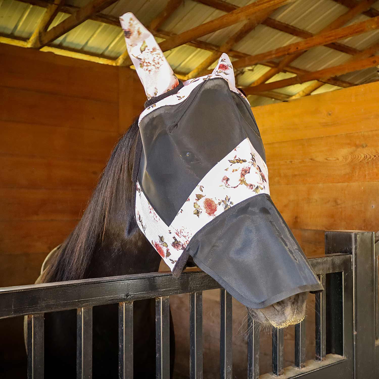 Horse fly mask with ears and nose, gray mesh with white floral patterned panels