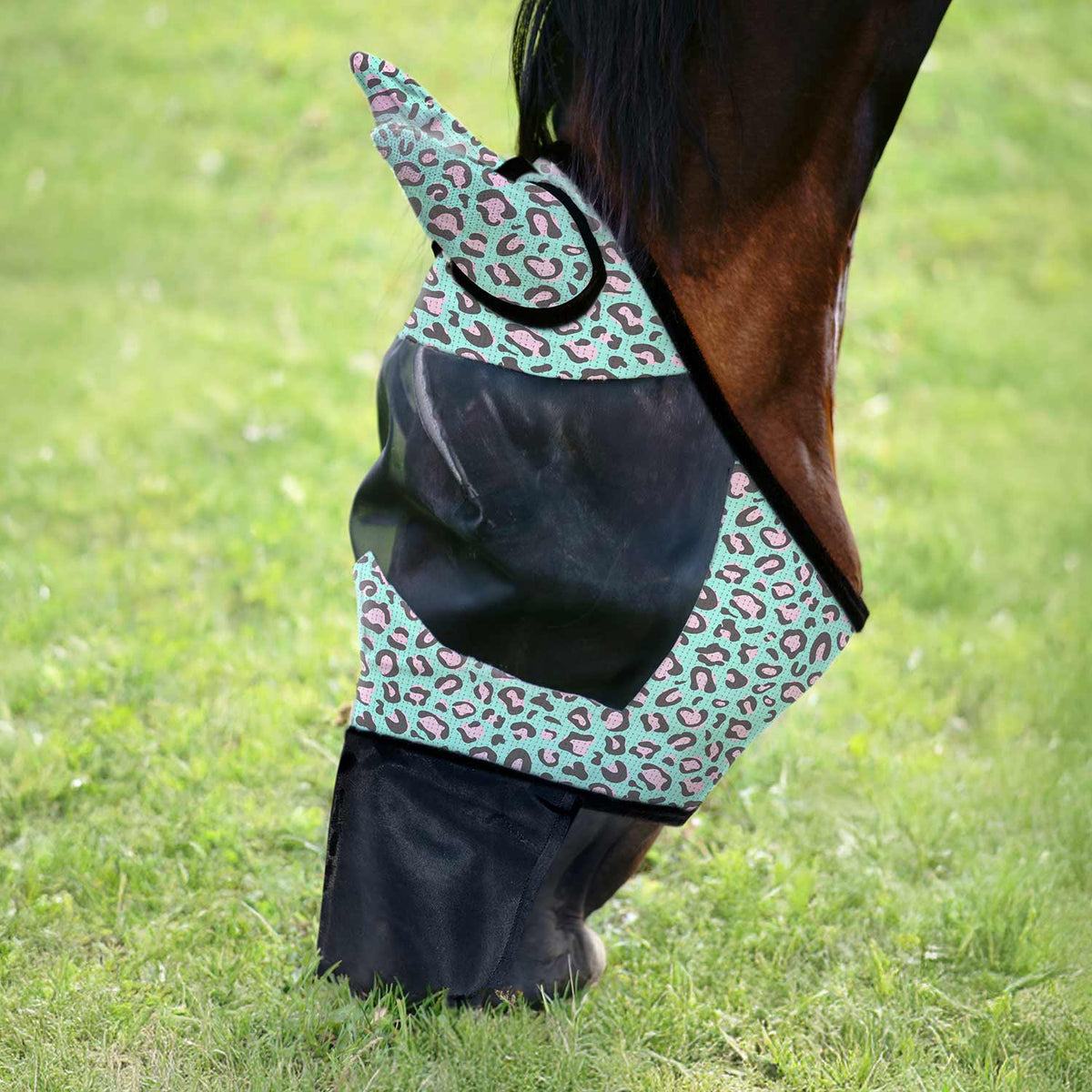 Horse fly mask with ears and nose in mint leopard pattern and black mesh