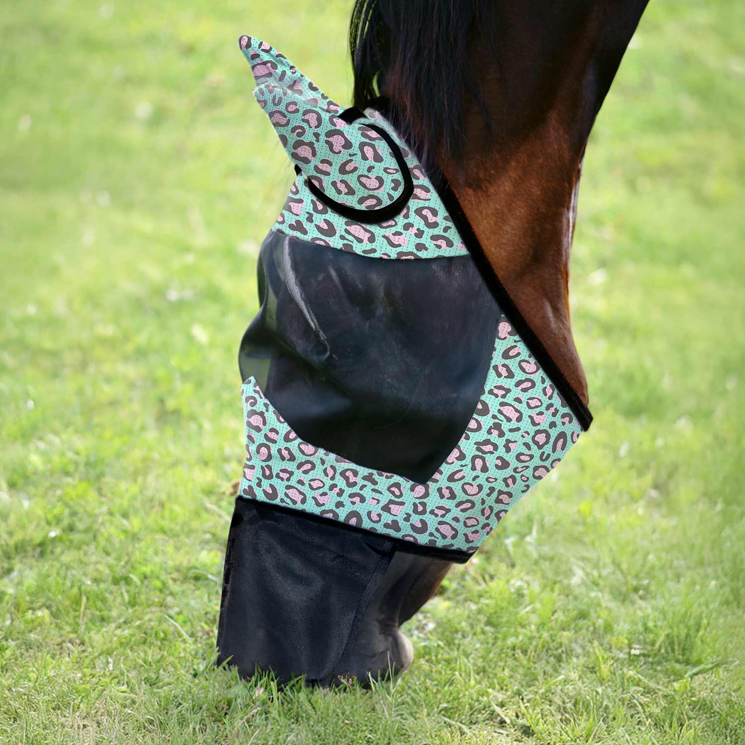 Horse fly mask with ears and nose in mint leopard pattern and black mesh