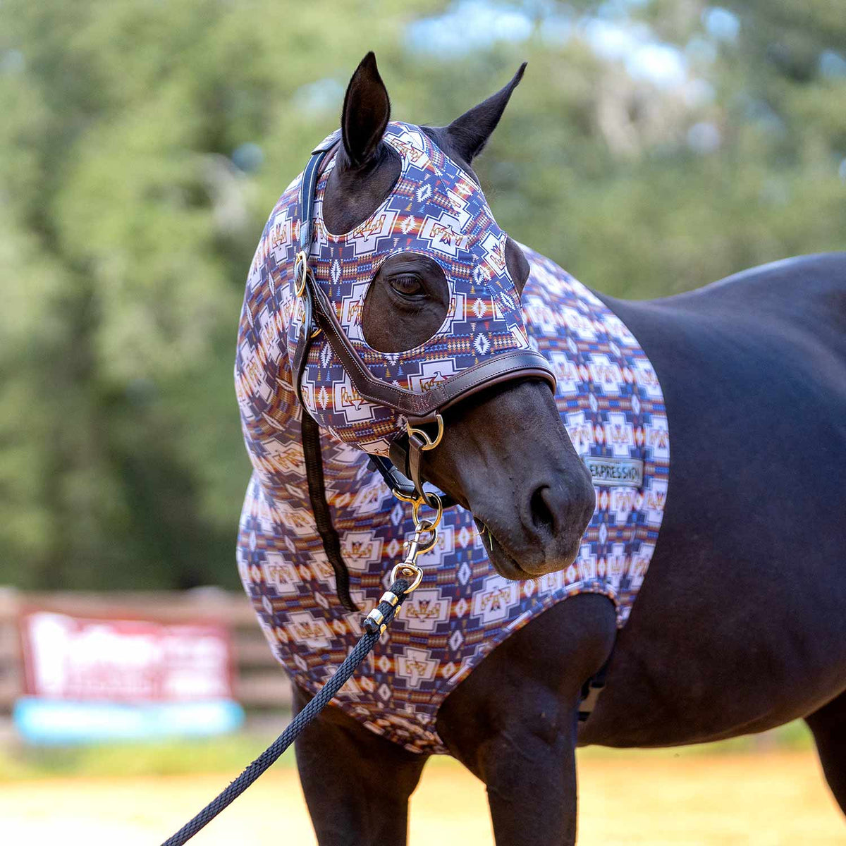 Horse expression lycra hood, multicolor geometric pattern with ear cutouts
