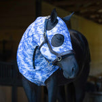 Horse expression lycra hood, blue patterned with ear cutouts