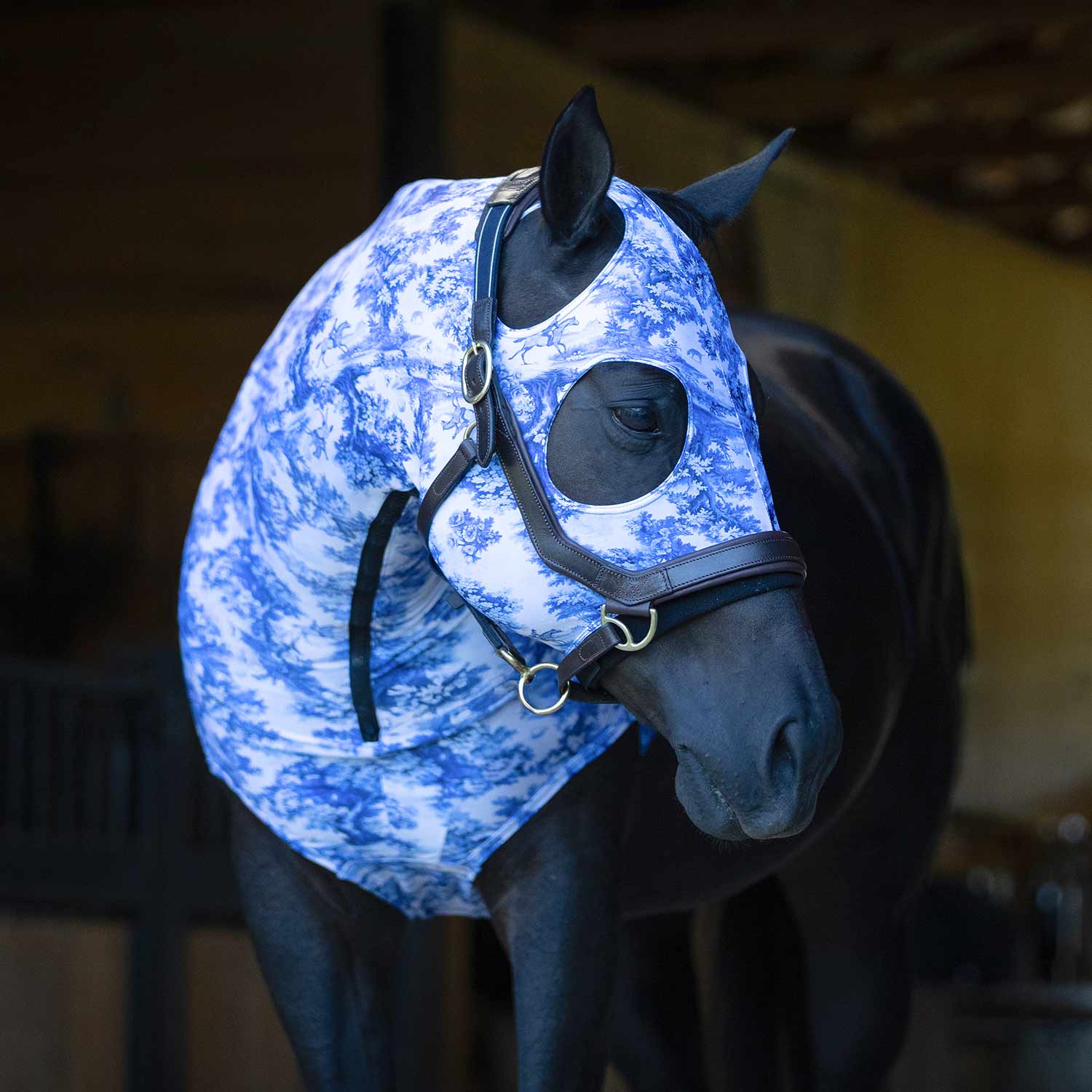 Horse expression lycra hood, blue patterned with ear cutouts