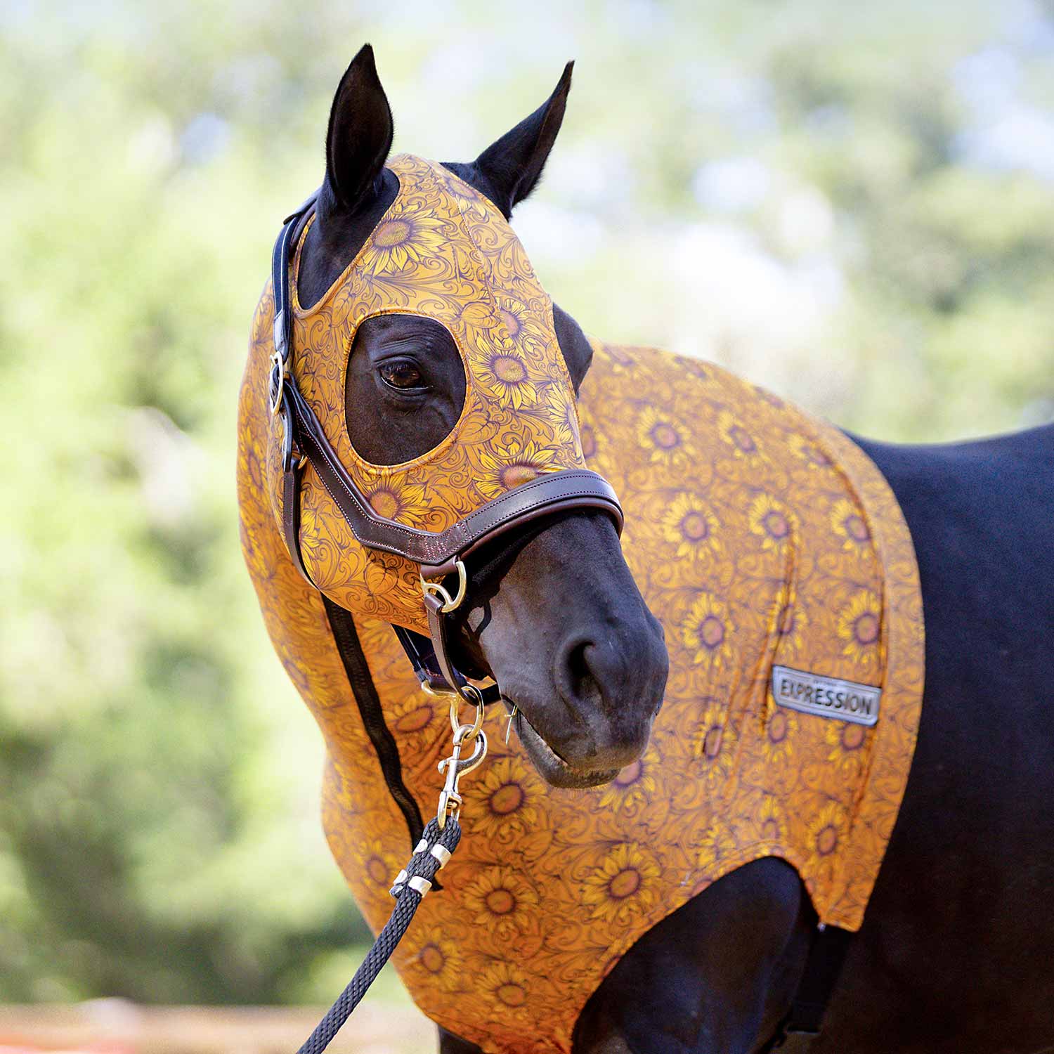 Horse expression lycra hood, tan and gold floral pattern with ear cutouts