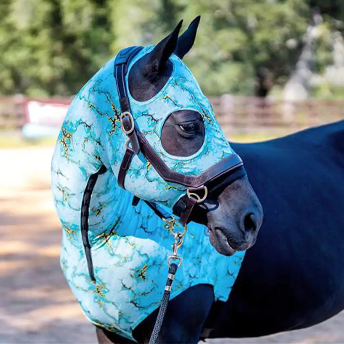 Horse expression lycra hood, turquoise marbled pattern with ear cutouts