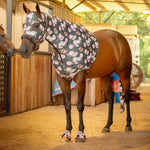Horse expression lycra hood, full view of black floral pattern with ear cutouts