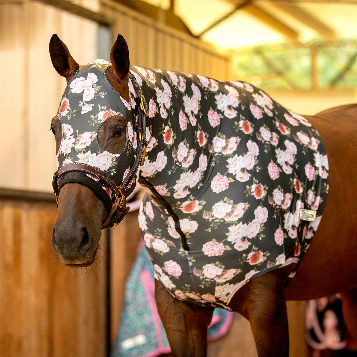 Horse expression lycra hood, black with pink and white floral pattern