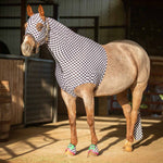 Horse expression lycra hood, black-and-white checkered design with ear openings