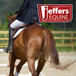 Jeffer's Equine logo overlay on horse near fence with rider