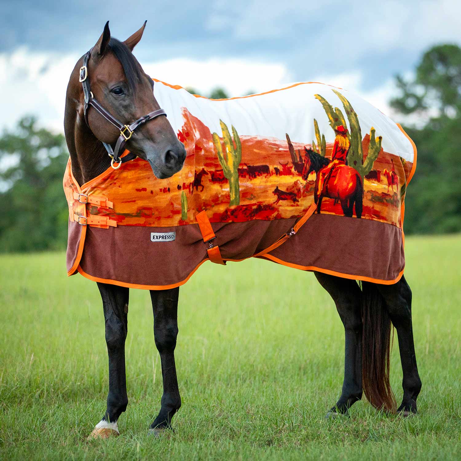 Horse cooler fleece with orange desert scene, cacti print and white border