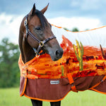 Horse cooler fleece with orange desert and cactus print, close-up on chest