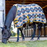 Horse cooler fleece with blue geometric collage print and yellow trim, back view