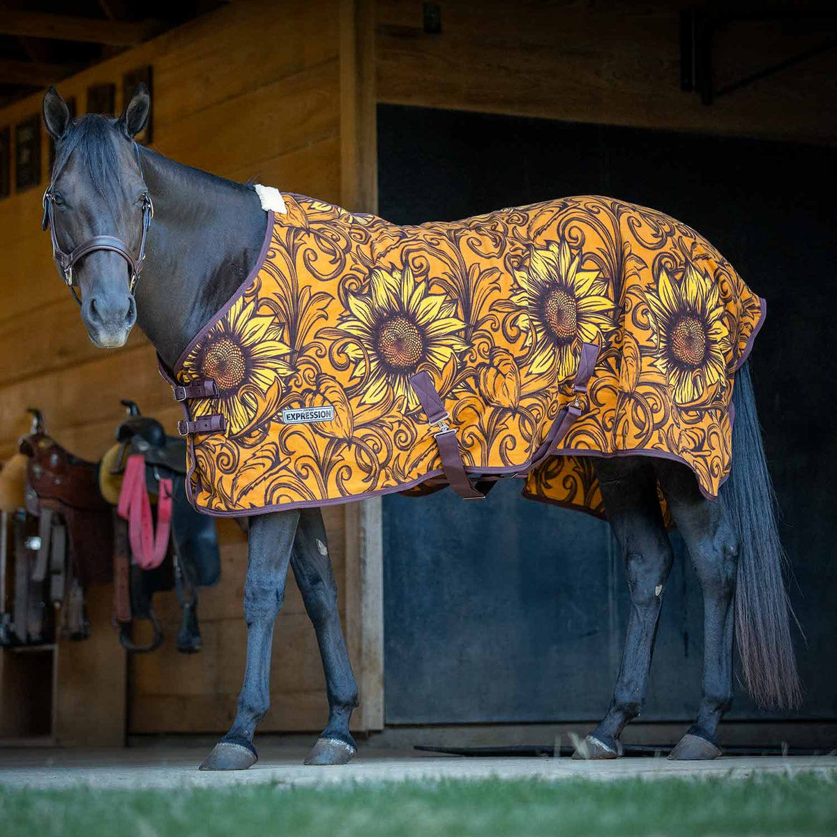Horse cooler fleece with yellow and purple floral scroll pattern