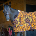 Horse cooler fleece with orange-yellow sunflower and swirl pattern, front view
