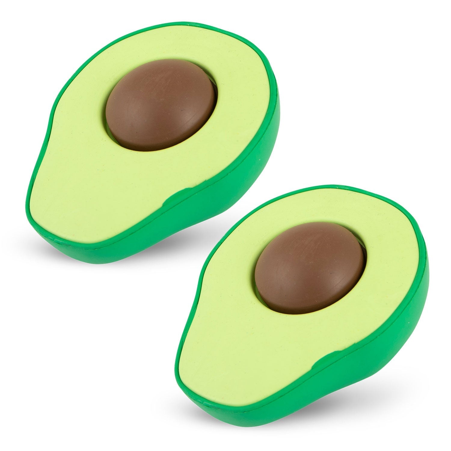 Green avocado-shaped natural rubber dog chew toy with brown center hole, 2 pack