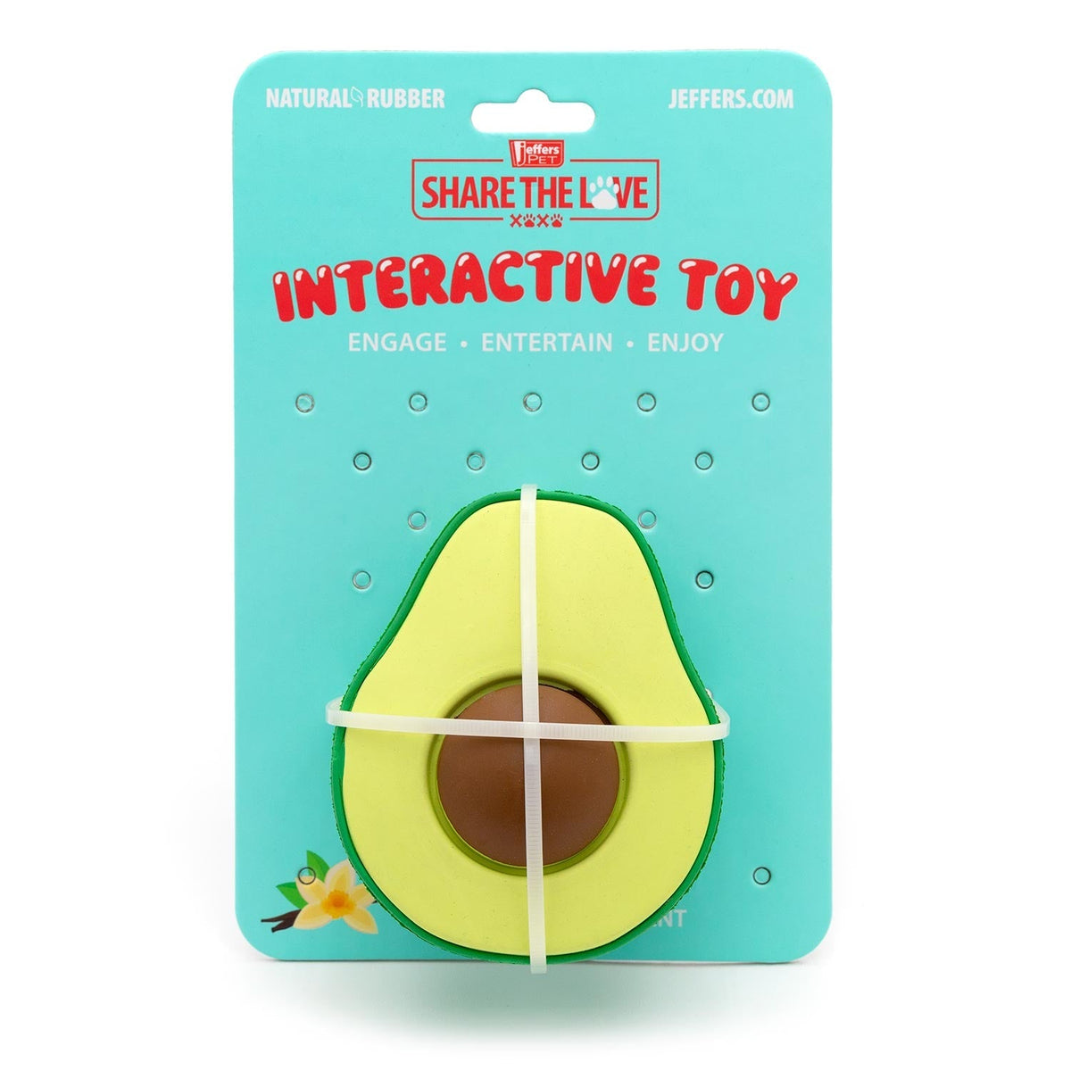 Interactive toy package with avocado-shaped floating rubber dog chew toy