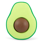 Front view close-up of avocado-shaped floating rubber dog chew toy, lime green and brown