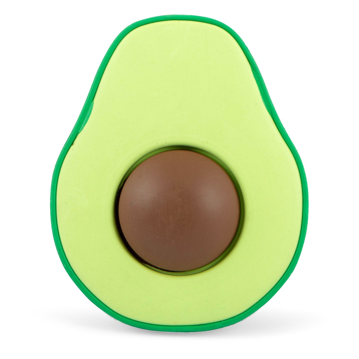Front view close-up of avocado-shaped floating rubber dog chew toy, lime green and brown