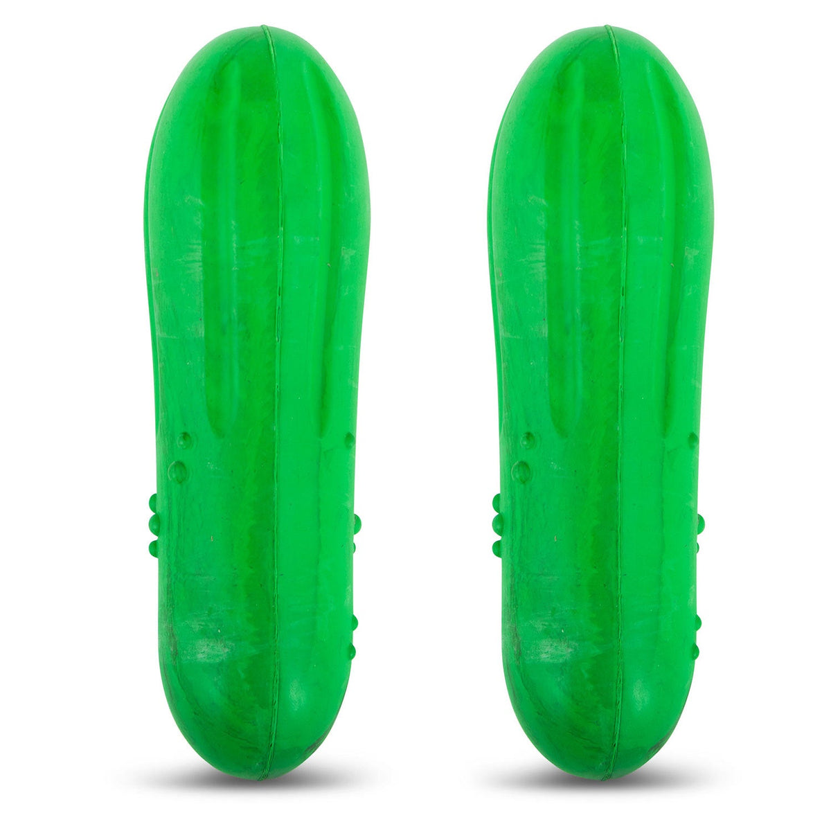 Green natural rubber avocado-shaped dog chew toy, upright pair with side bumps