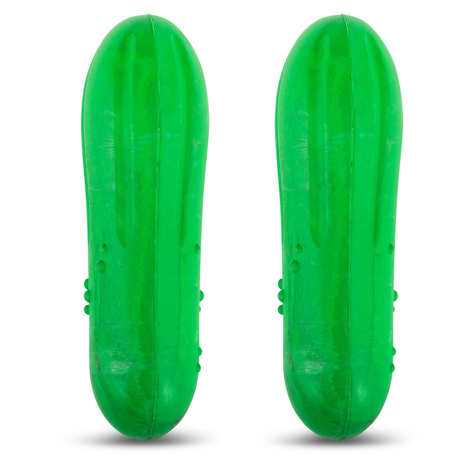 Green natural rubber avocado-shaped dog chew toy, upright pair with side bumps