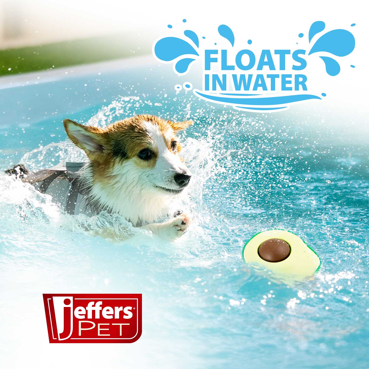 Avocado-shaped floating rubber dog chew toy with brown center in water