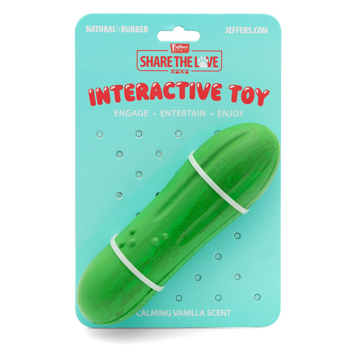 Green natural rubber dog chew toy in retail package, oval chew with raised dots