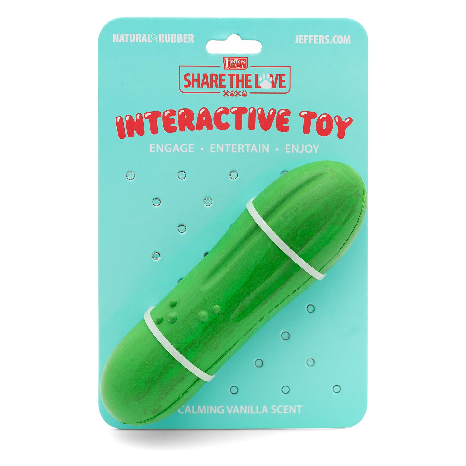Green natural rubber dog chew toy in retail package, oval chew with raised dots